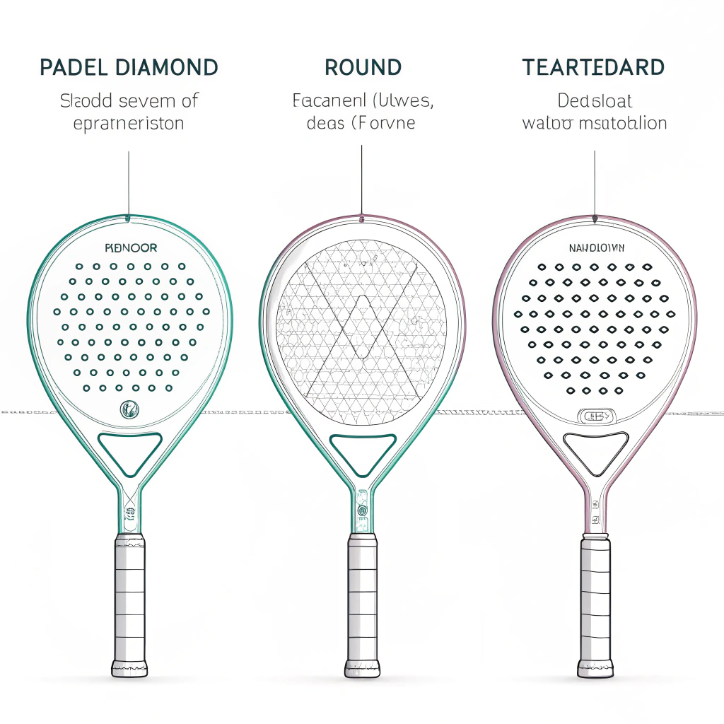 Clean illustration displaying varied padel racket shapes with technical details