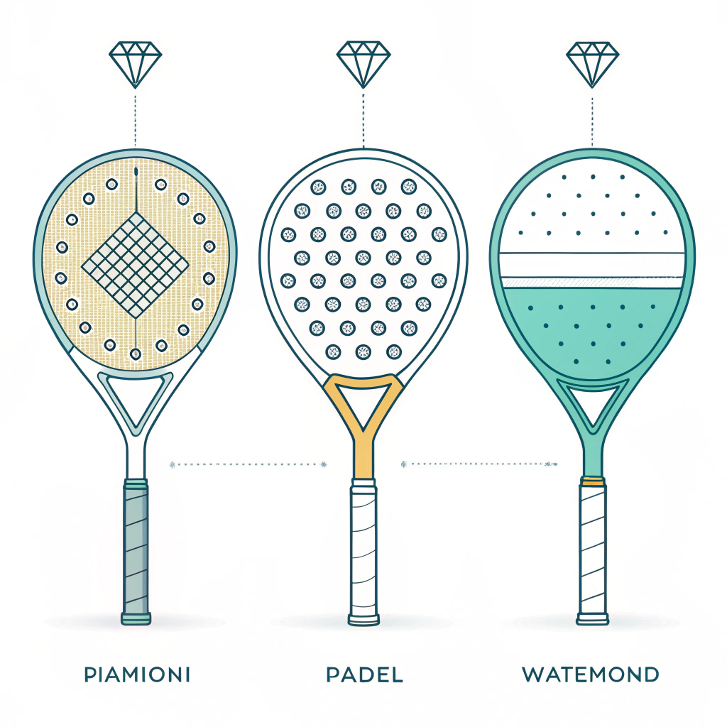 Simple illustration of three padel racket designs with distinct shapes and modern aesthetics.