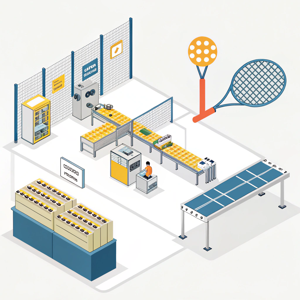 Flat design depiction of a padel racket factory with customization and quality control elements