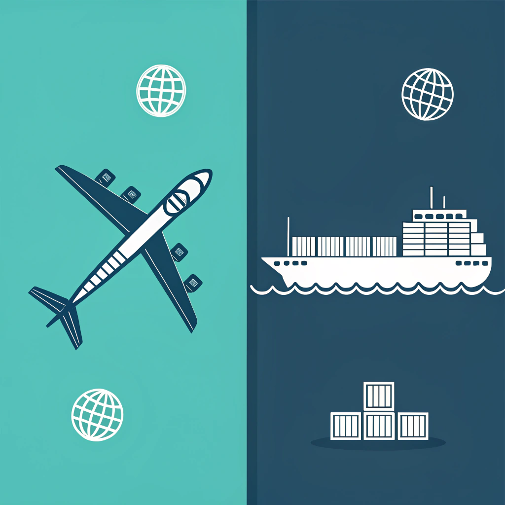 Minimalist 2D illustration comparing air and sea freight for padel rackets using simple icons