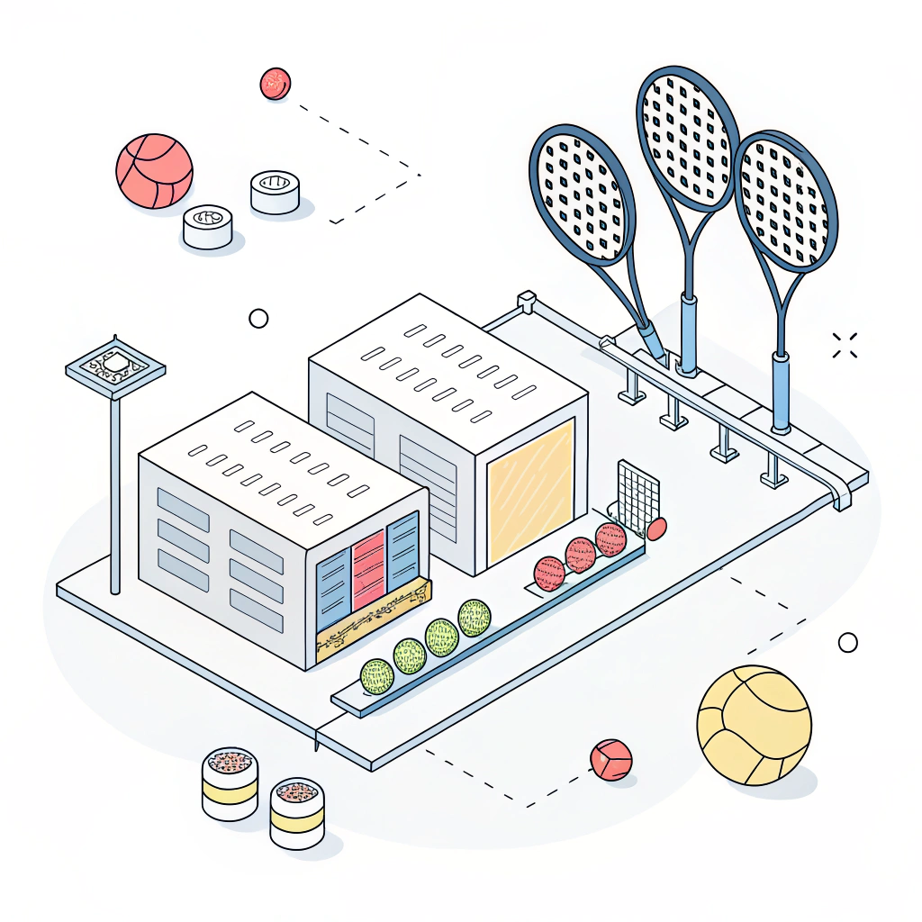 Minimal 2D depiction of padel manufacturing with rackets and balls