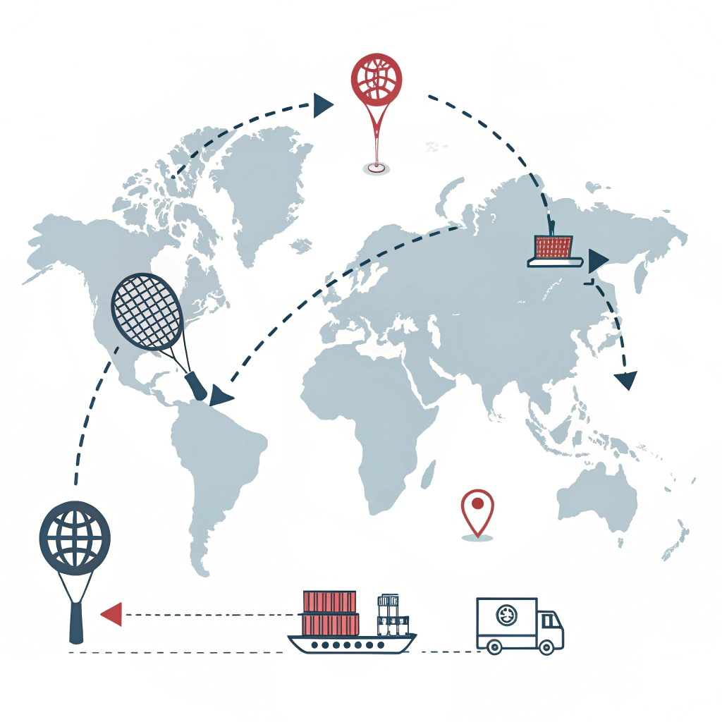 Minimalist 2D vector image depicting global export routes and padel racket shipping