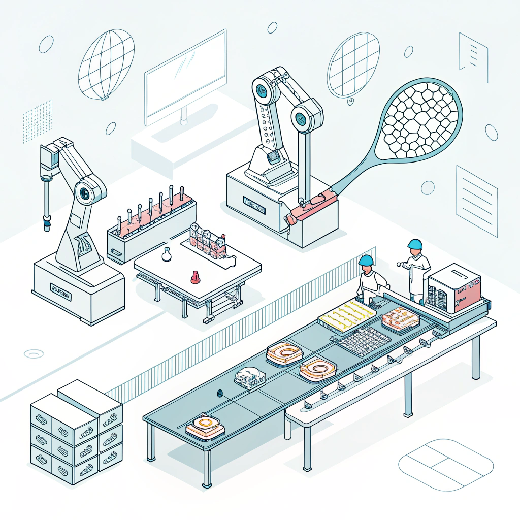 Minimalist 2D depiction of advanced padel manufacturing machinery and production line