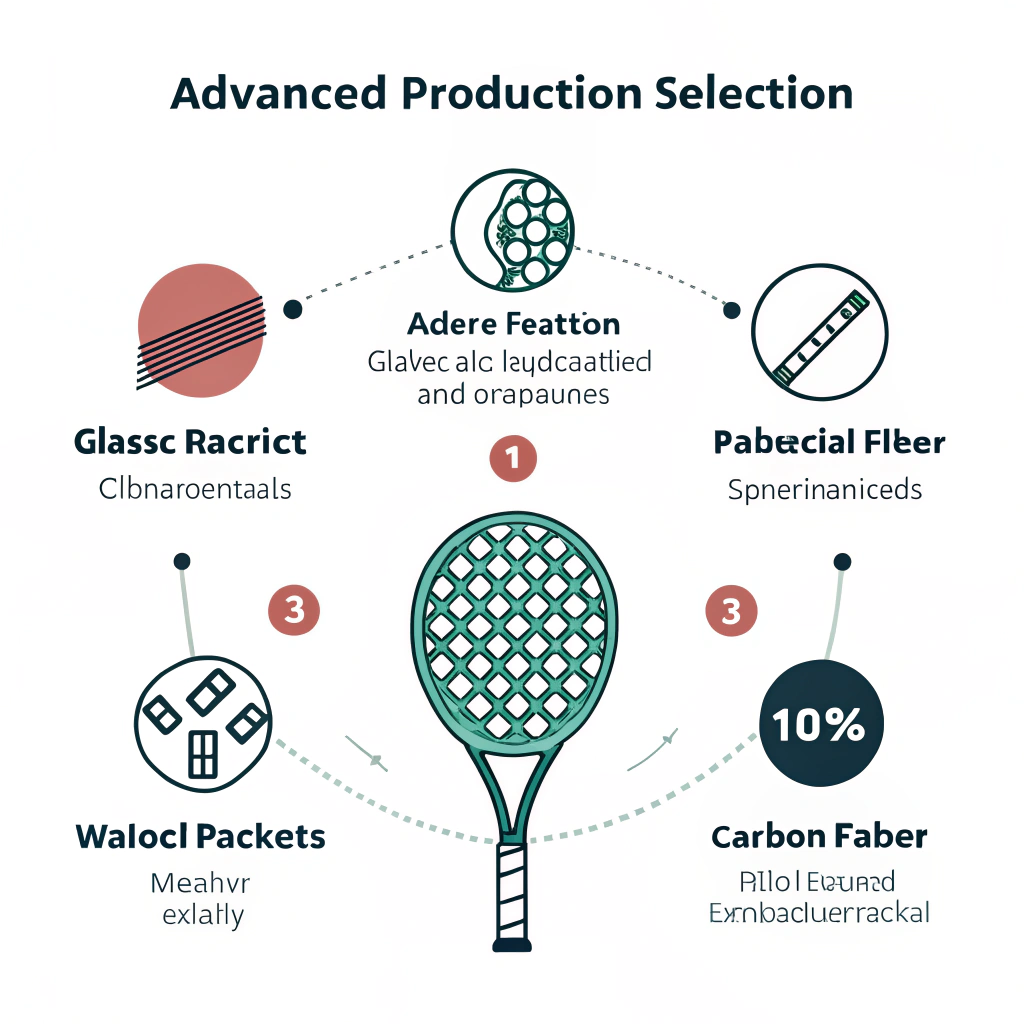 Minimalist 2D illustration showing schematic elements of high-performance padel racket production and customization