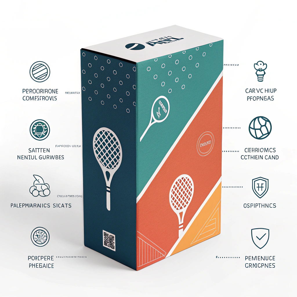 Minimalist 2D illustration of modern padel packaging with eco-friendly design elements.