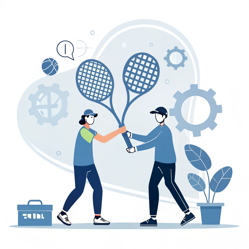 A minimal illustration showing padel rackets and a handshake symbolizing trusted B2B collaborations.