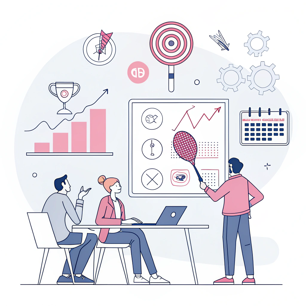 Minimalist illustration of digital marketing brainstorming with padel racket and abstract graphs.