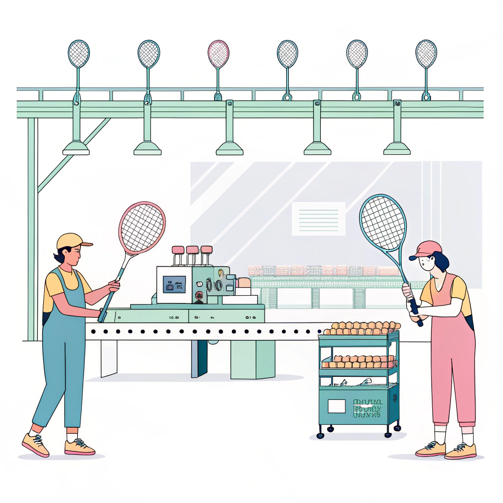 Minimalist 2D illustration of workers inspecting padel racquets on a modern production line