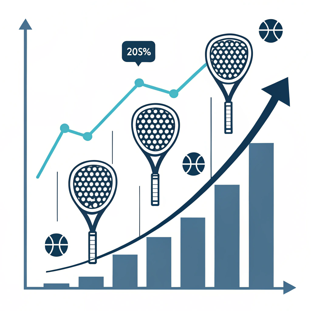 Flat, abstract design with padel racket and trend symbols representing growth and innovation.