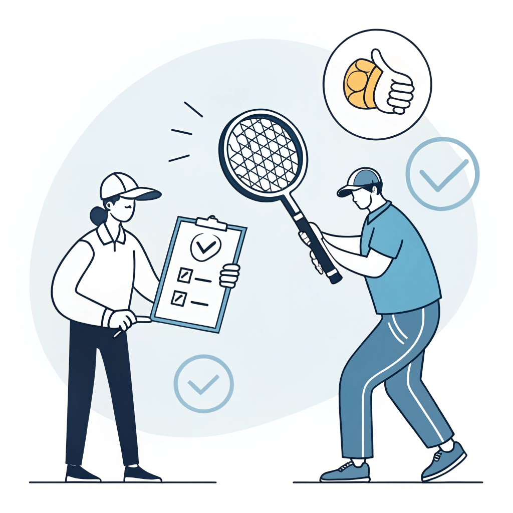 Flat vector illustration showing quality verification and supplier legitimacy with a handshake and padel racket icon