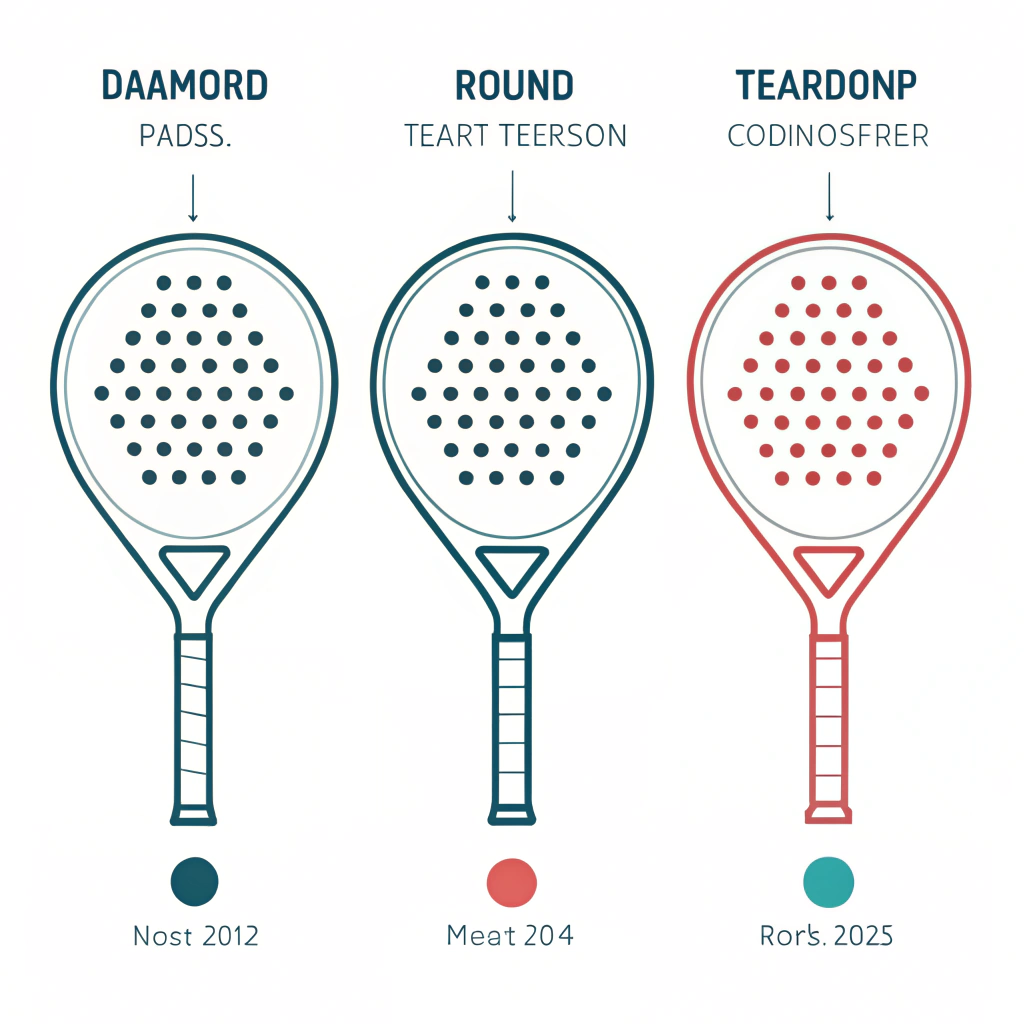 Minimal illustration of three distinct padel racket shapes with customization options
