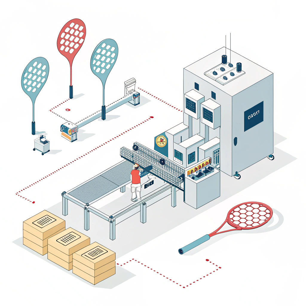 2D minimalist depiction of modern padel racket production using foam injection