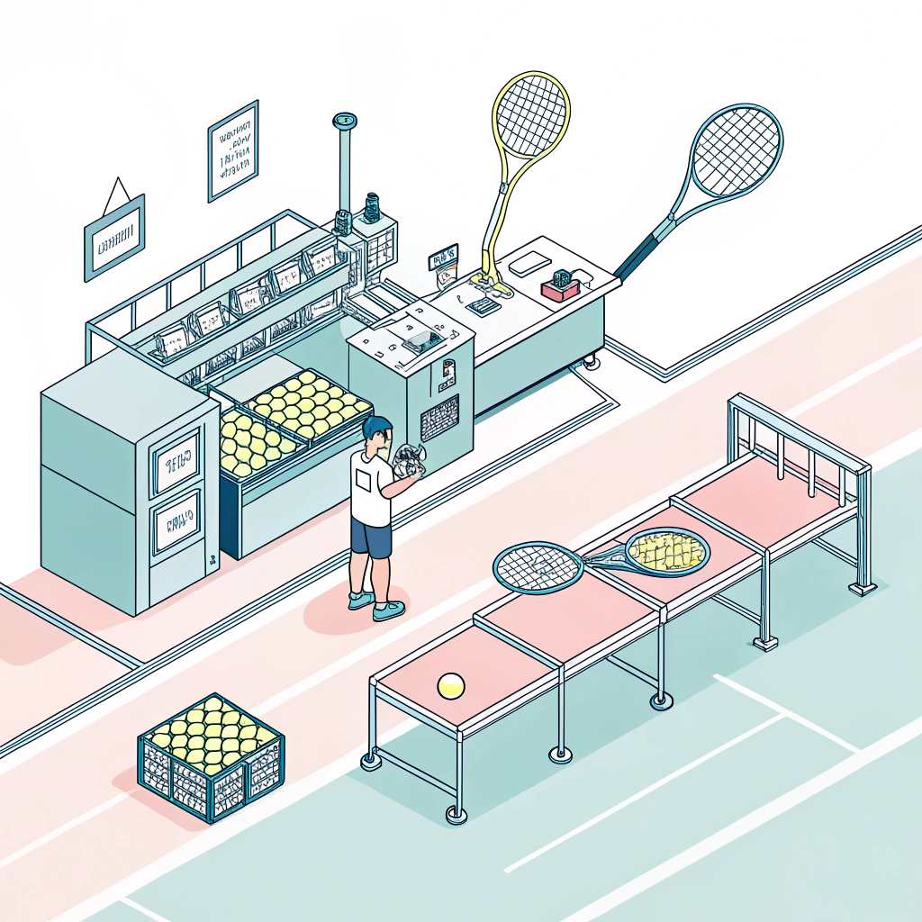 Minimalist 2D illustration of a high-tech padel racquet production line with advanced machinery