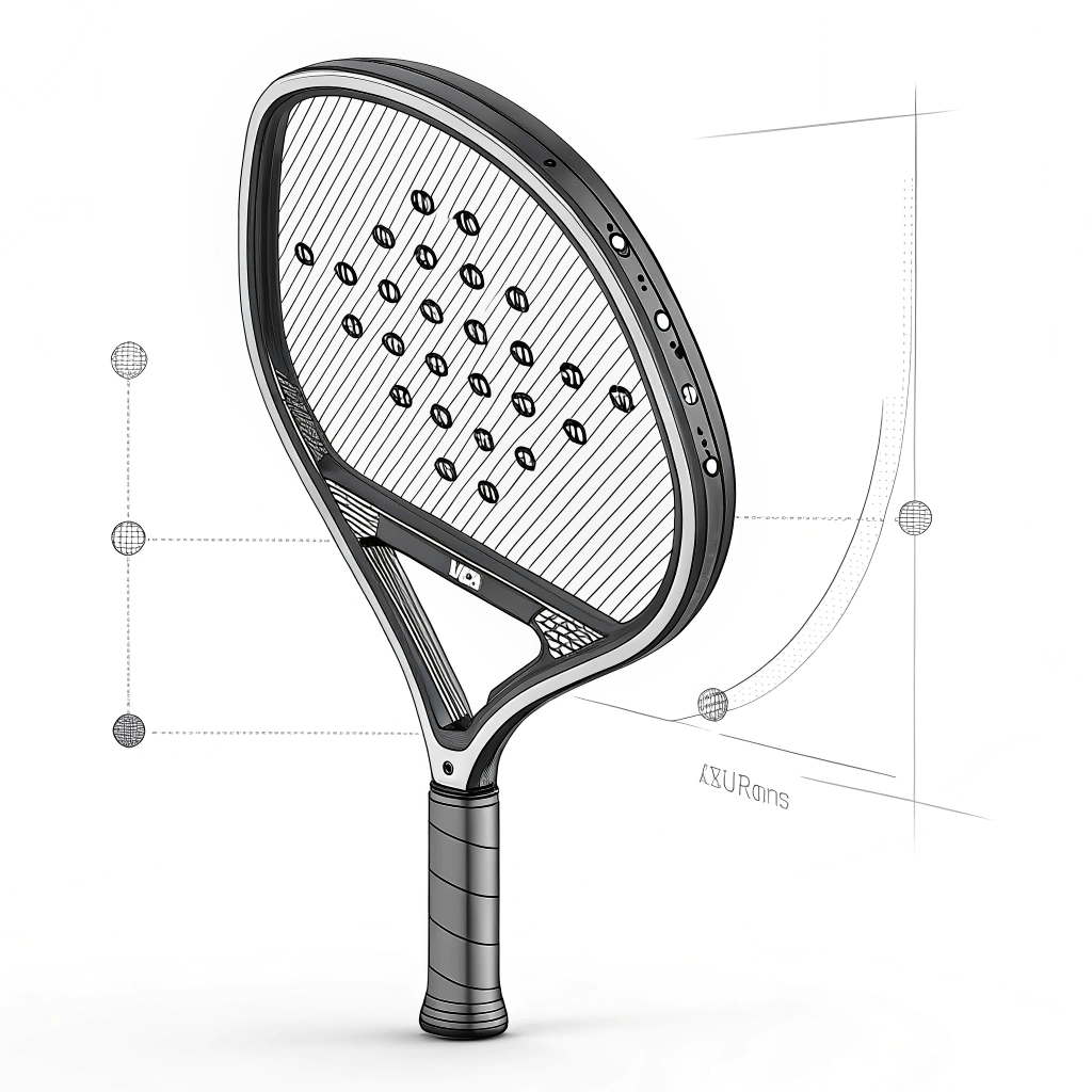 A flat 2D illustration showing a sleek carbon fiber padel racket with minimalist design strokes in simple colors