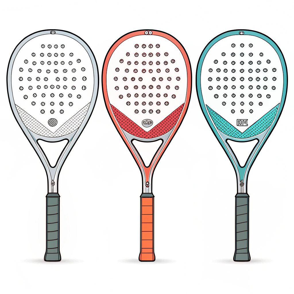 Simplified illustration featuring three unique padel racket designs with vibrant, customizable color schemes.
