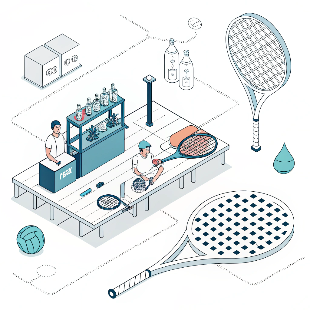 Minimalist 2D illustration showing padel racket production and quality testing.