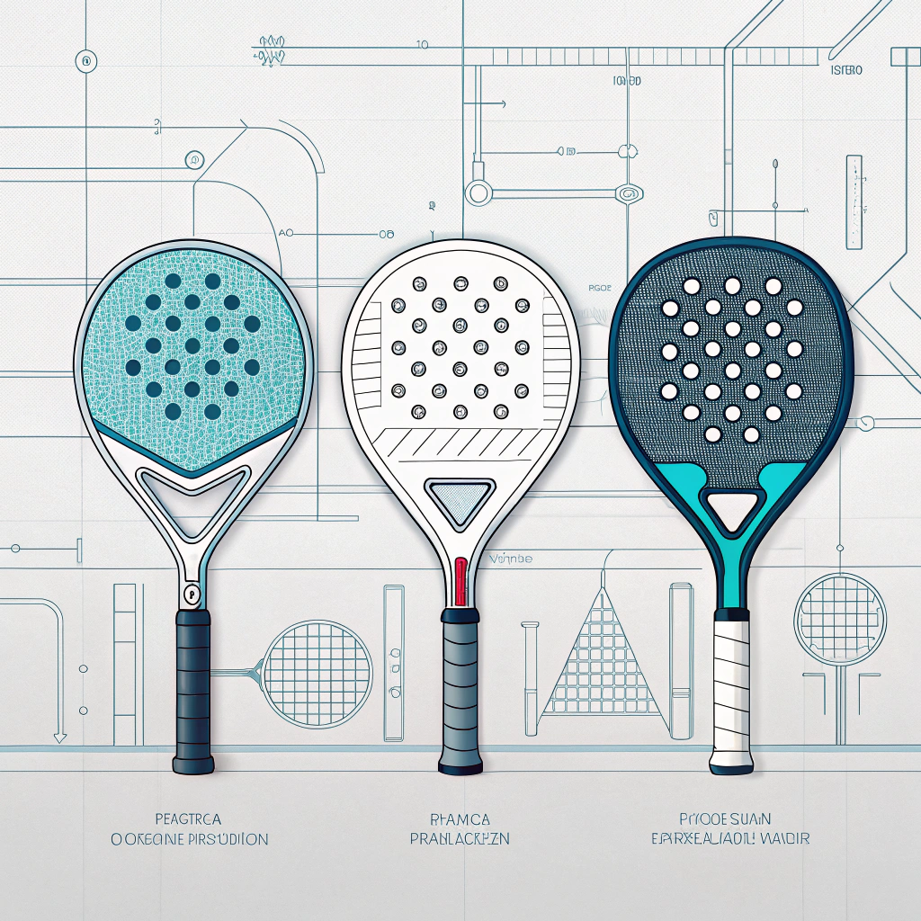 Minimal 2D illustration of diverse padel rackets with abstract technical elements