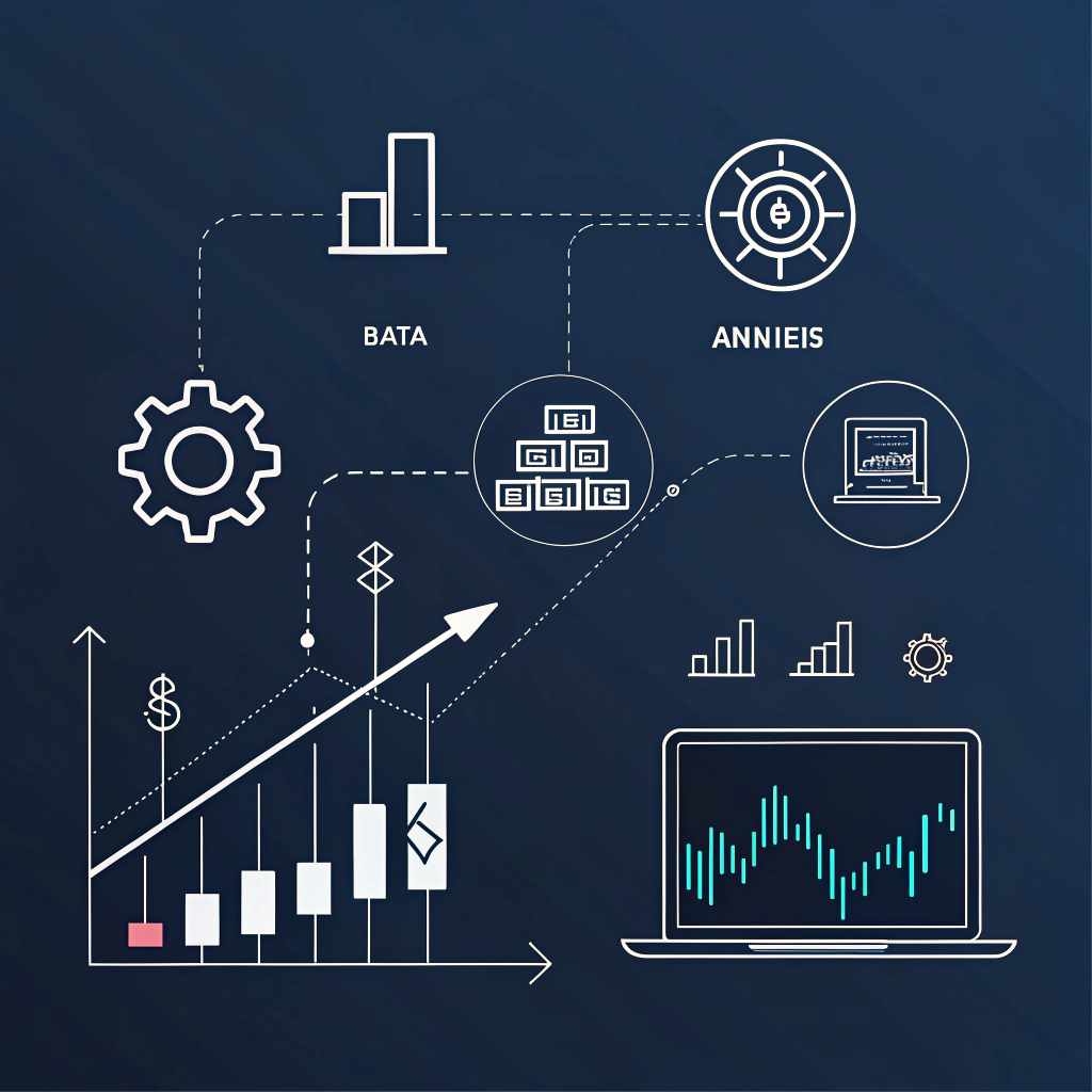 Abstract illustration with geometric icons and clean lines representing technical data analysis.