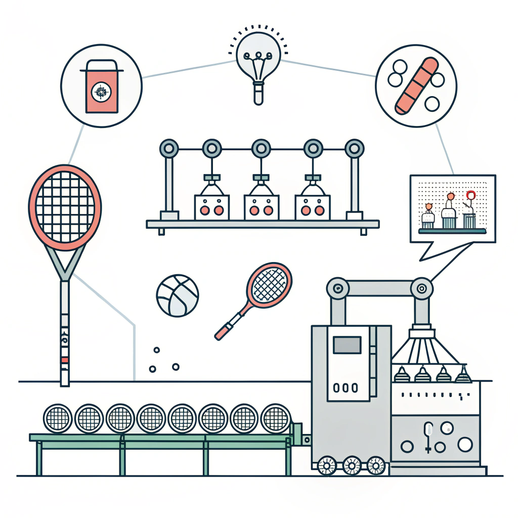 Clean 2D depiction of padel racket production and logistics integration