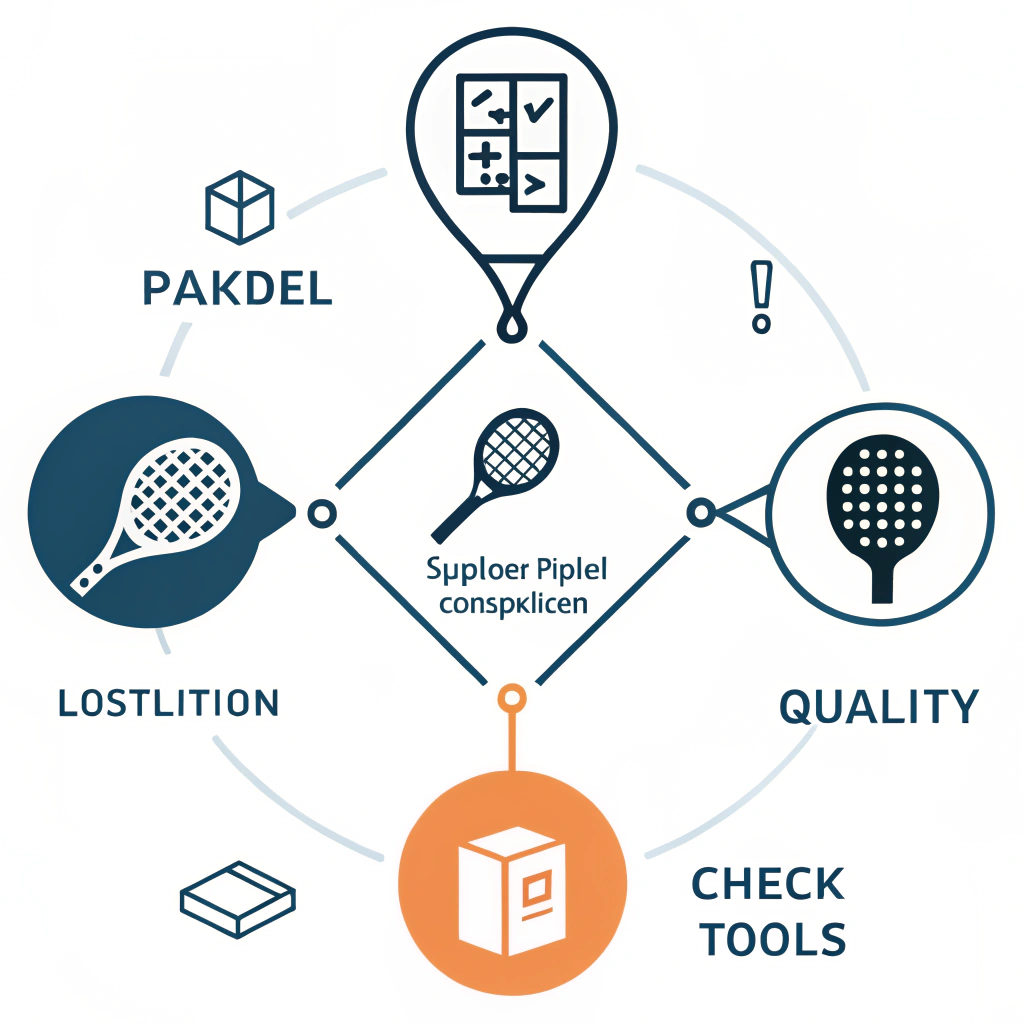 Minimalist 2D illustration showing icons of padel rackets, price, quality, and logistics.