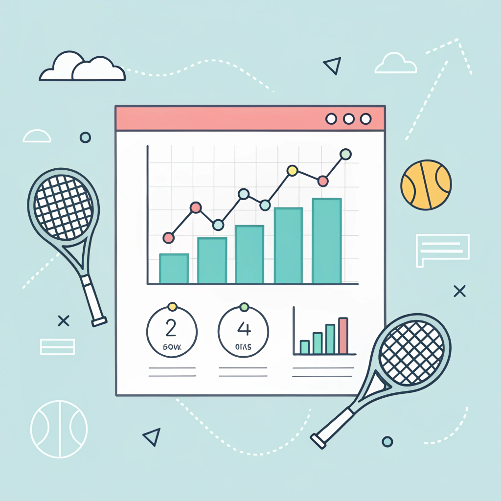 Flat illustration of a production dashboard with padel racket symbols and chart icons.