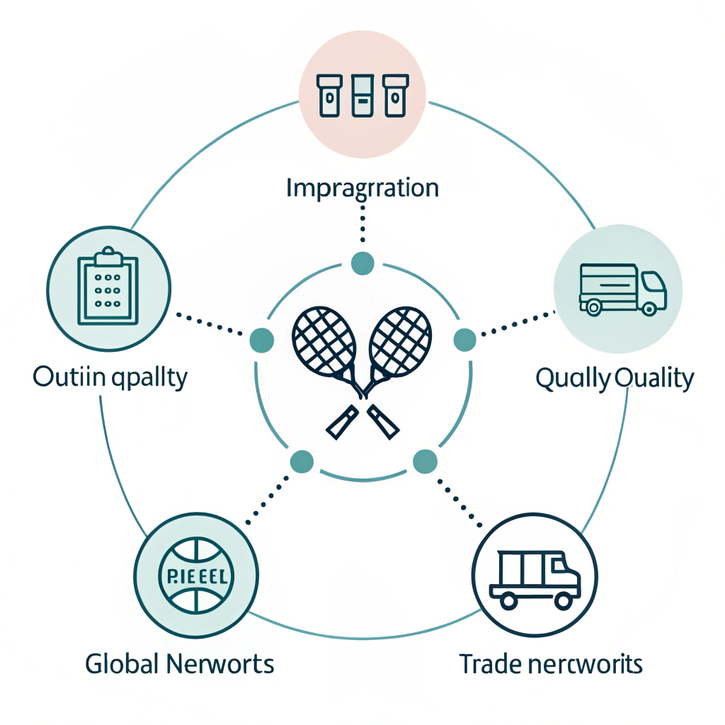 Minimalistic depiction of interconnected padel racket supply chain with clear icons