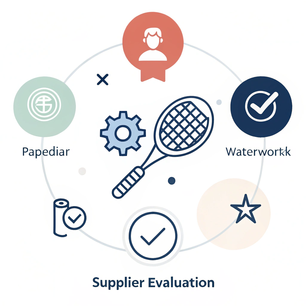 Simple 2D icons depicting quality, performance, and customization in padel equipment