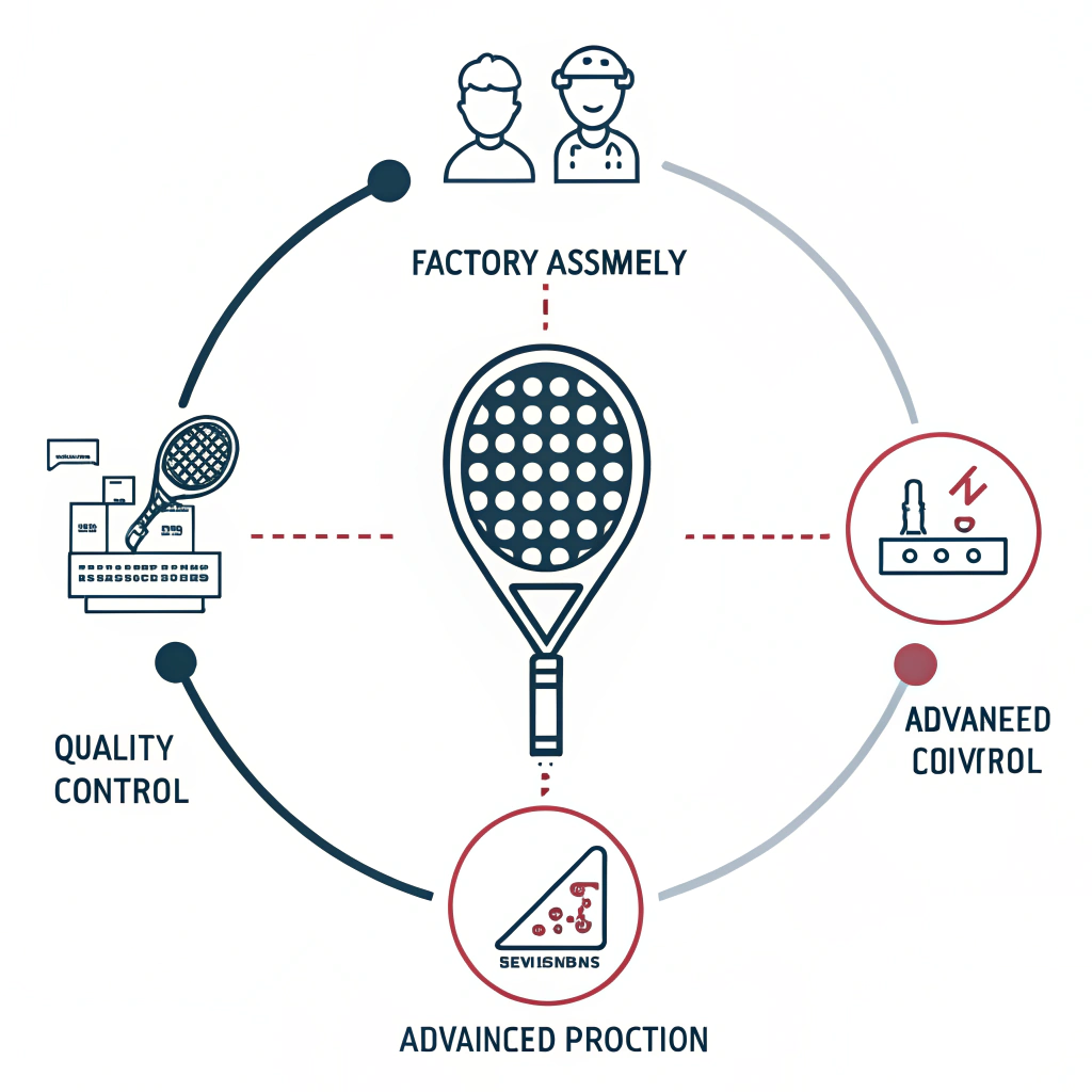 Minimalistic 2D flat design showing padel racket production and quality control icons.