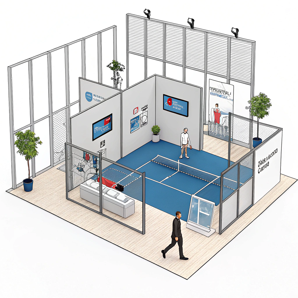 Minimalist 2D illustration of an interactive modular padel booth design