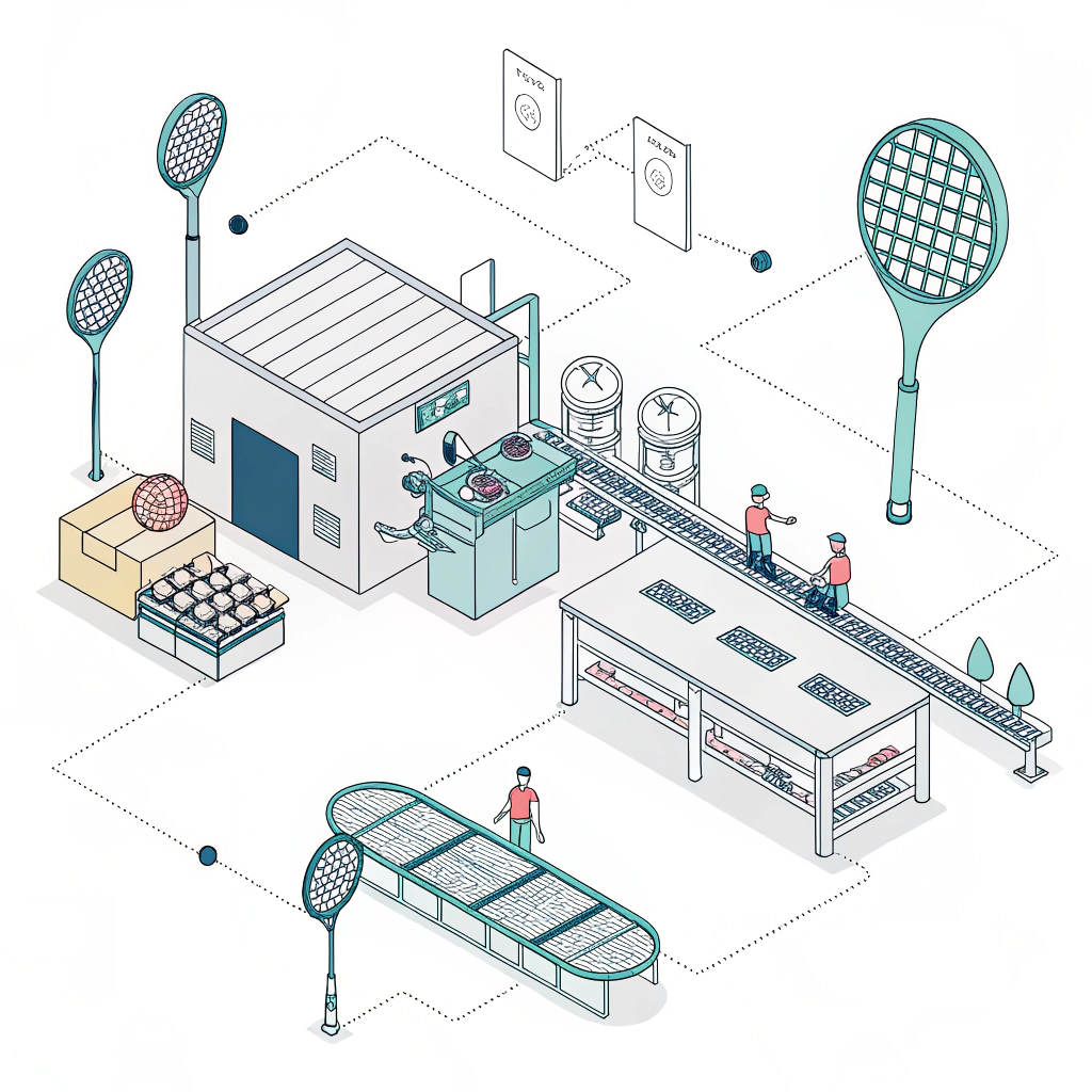 Minimal illustration of an efficient padel racket production line with diverse shapes
