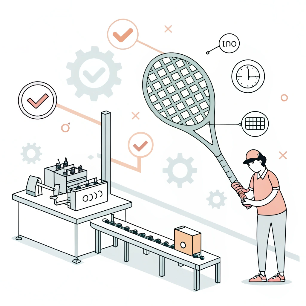 Minimal 2D illustration showing quality testing of a padel racket in production