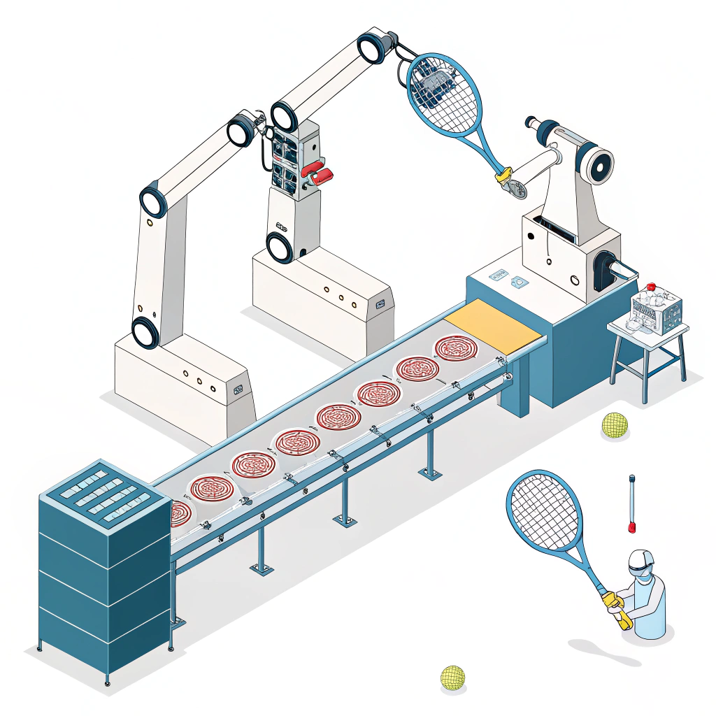 "Minimalist illustration of an advanced padel racket production line with robotic elements"