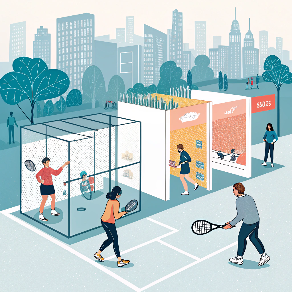 Minimalist 2D illustration of an interactive padel pop-up event in an urban sports district