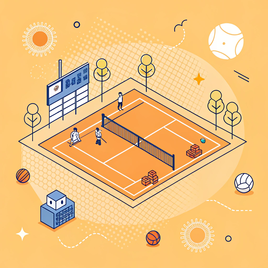 "Minimalist 2D illustration of a padel court with abstract equipment and manufacturing symbols highlighting market growth."