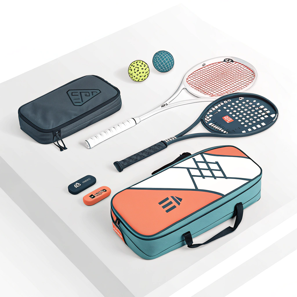 Minimalist 2D illustration of innovative padel accessories in a modern style