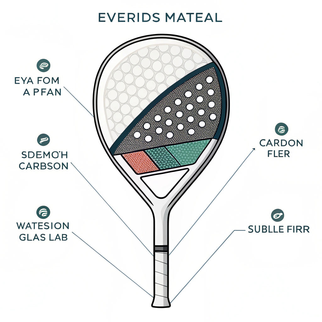 2D illustration of padel racket material layers in a clean, technical style
