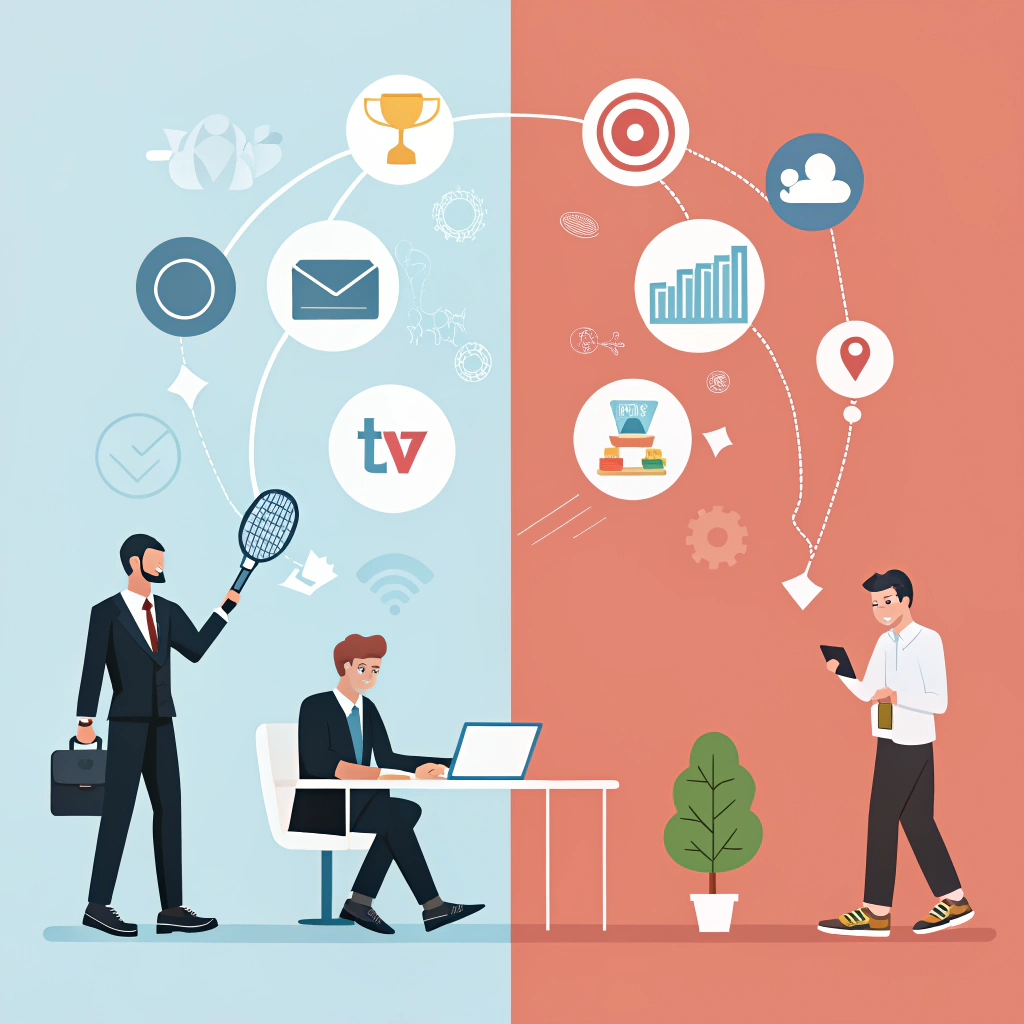 Minimalist split-screen illustration comparing formal B2B marketing and digital influencer strategies in padel.