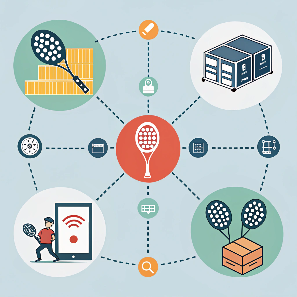 Clean flat design showing padel equipment in a secure, monitored supply chain network.