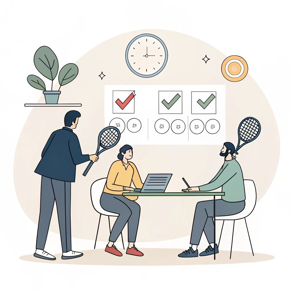 Minimal illustration of a meeting focused on improving padel racket procurement decisions