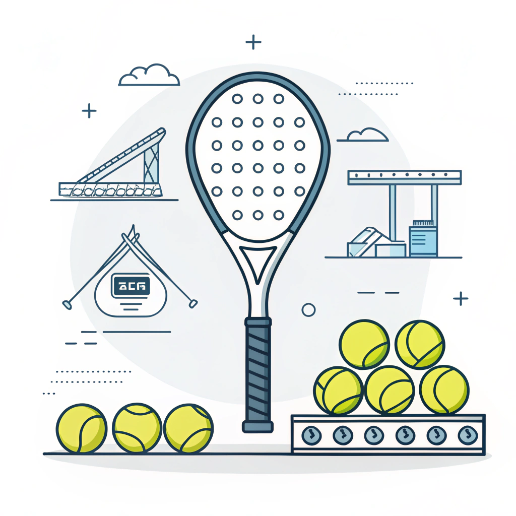Minimalist 2D illustration of a bundled padel racket, grip, and padel ball set representing streamlined production.