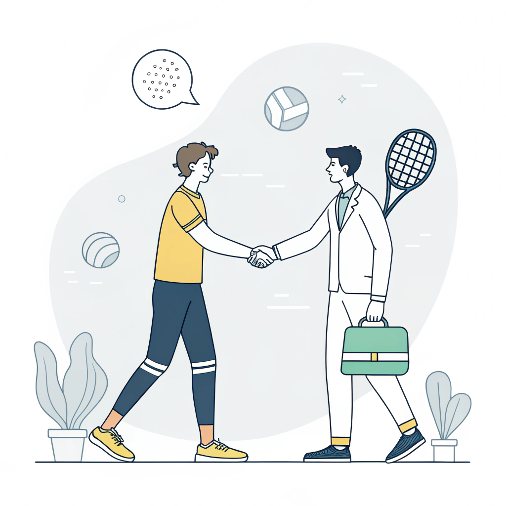 Minimalist depiction of an athlete and partner shaking hands symbolizing collaboration