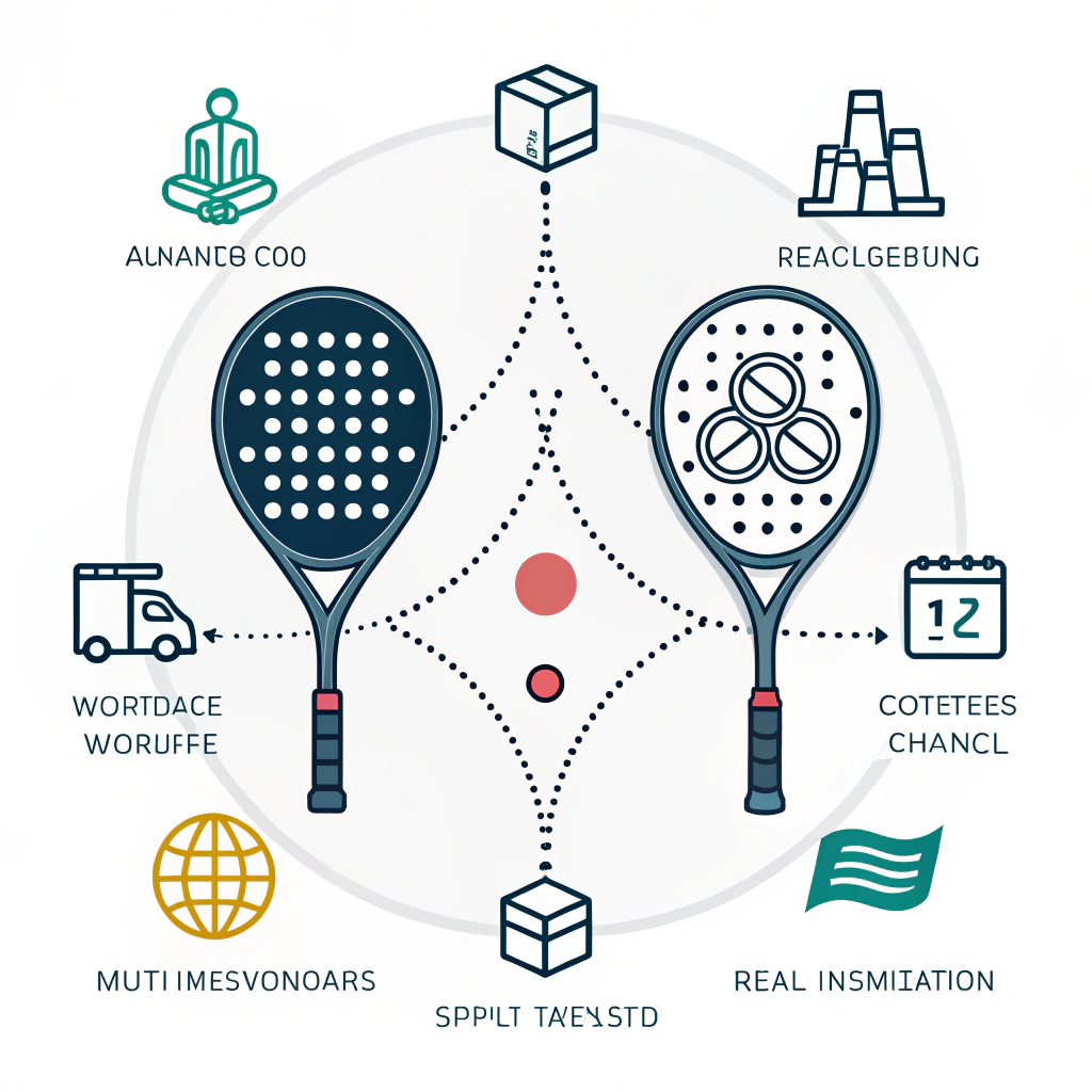 2D minimalist illustration of padel racket inventory with abstract supply chain elements