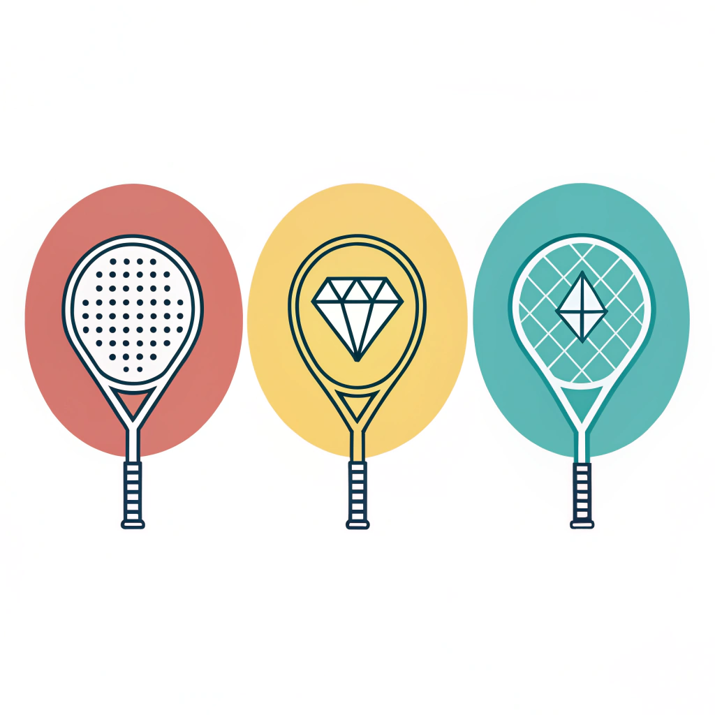Minimalist illustration of three different padel racket shapes in flat design