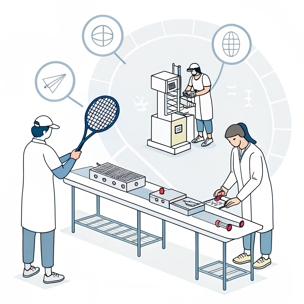 Minimal flat illustration of quality control in padel racket manufacturing