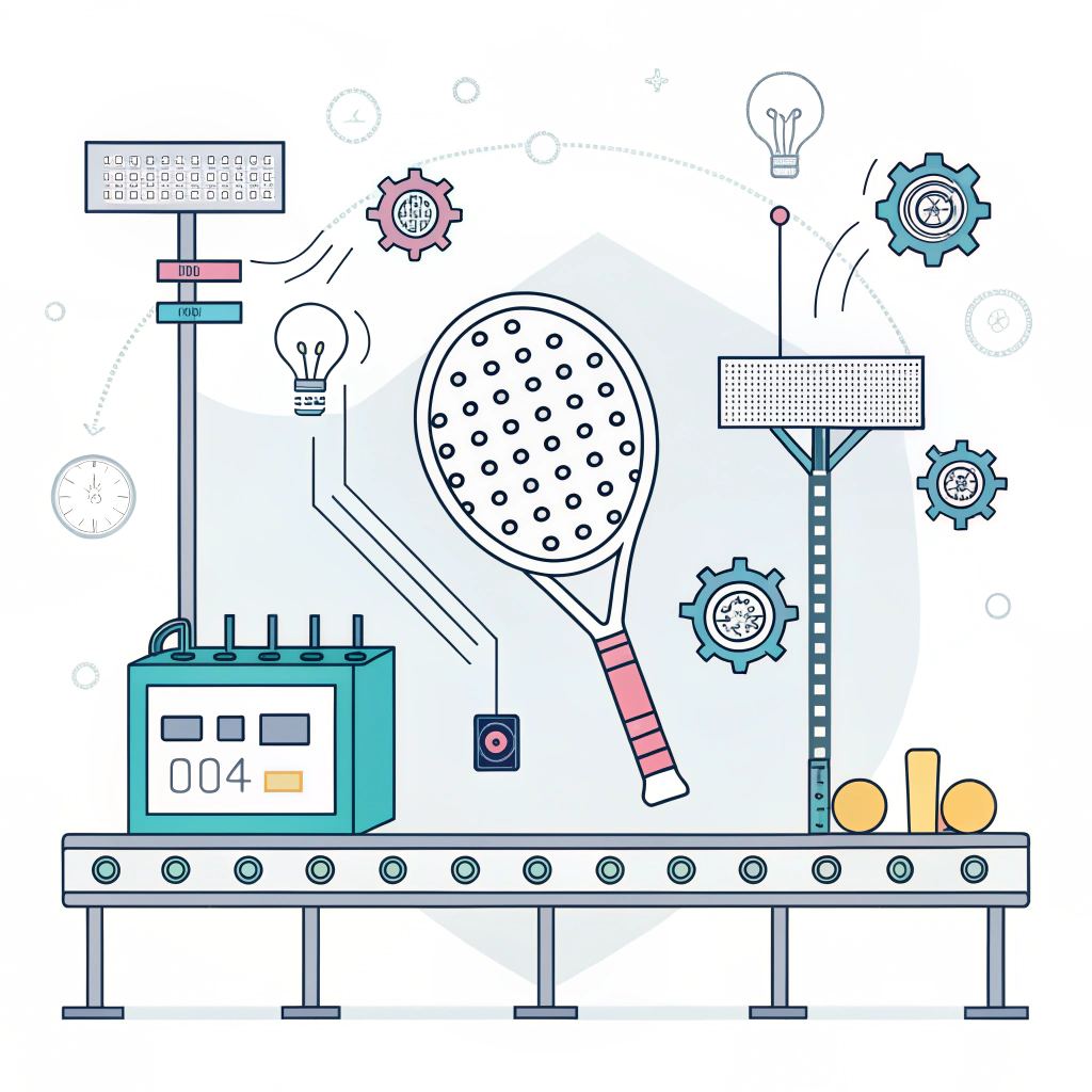 "Minimalist illustration of a padel racket undergoing digital quality control inspection"