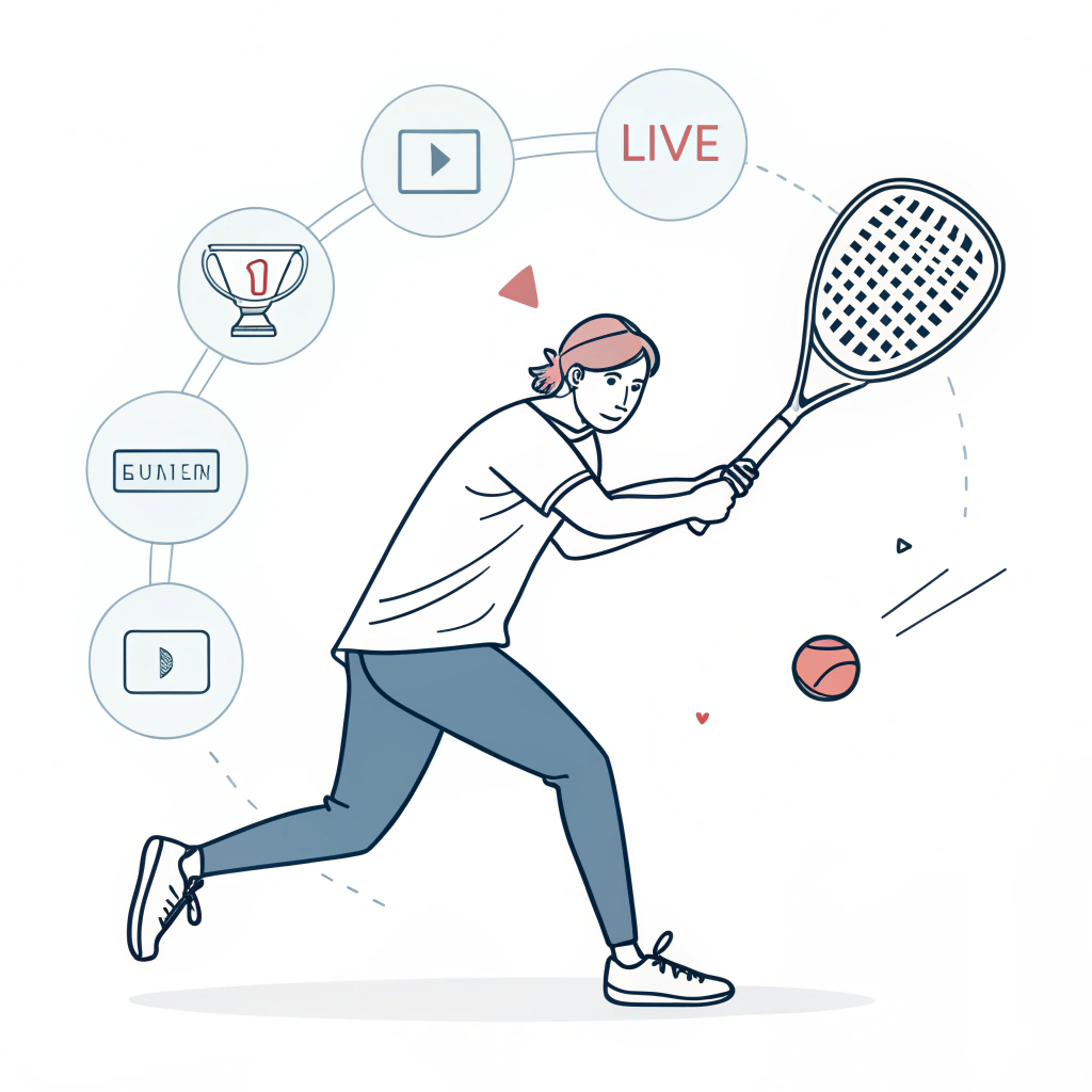 A 2D minimalist illustration of a live padel racket demonstration during a streaming event.