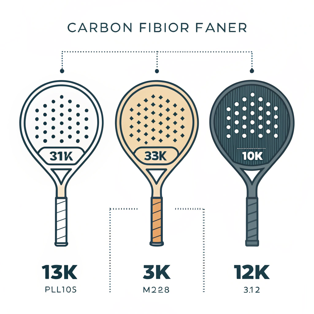 Simplified illustration showing three padel racket faces representing different carbon fiber types.