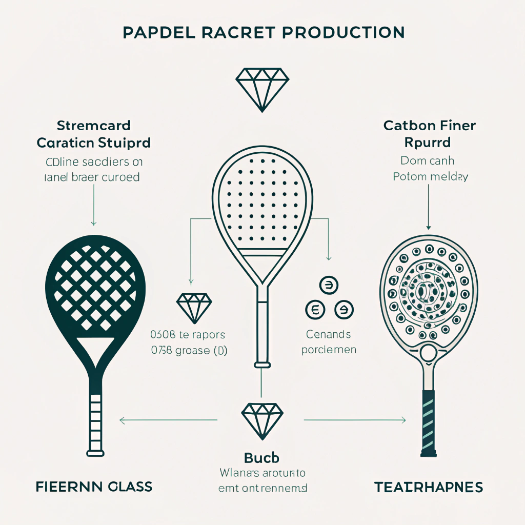 Minimalist 2D art showing production challenges with various padel racket shapes and materials
