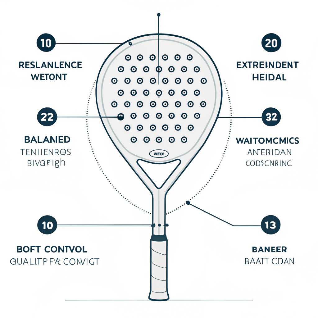 Clean, modern 2D depiction of padel racket technical features emphasizing balance and design details