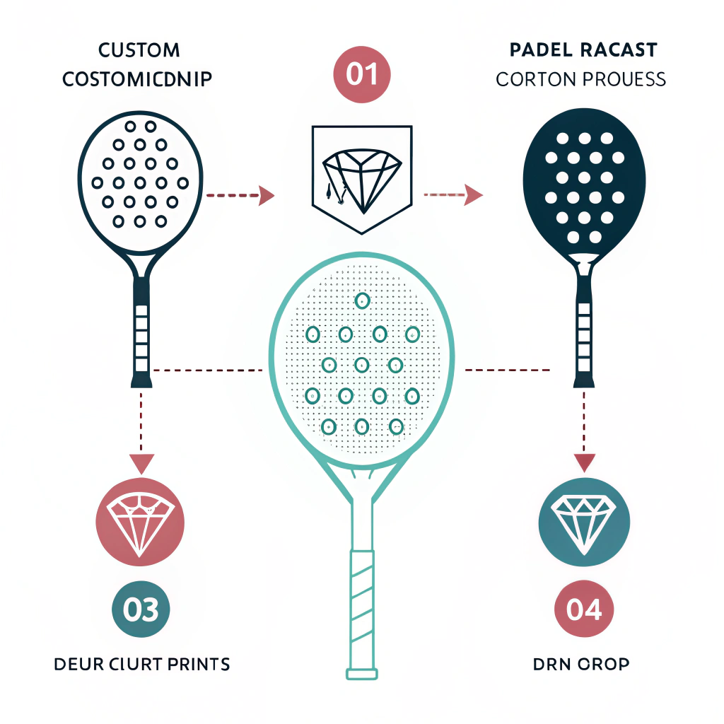 Minimalist illustration of padel racket customization and production techniques